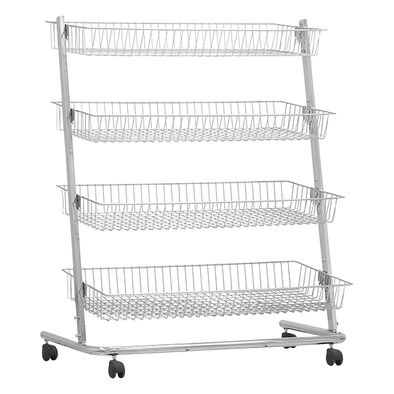DittaDisplay Retail Solutions - Portant à rayonnages en matériau métal chromé avec 4 paniers inclinables individuellement Regalständer aus verchromtem Metallmaterial mit 4 individuell neigbaren Körben Chrome-plated metal shelving rack with 4 individually tiltable baskets.