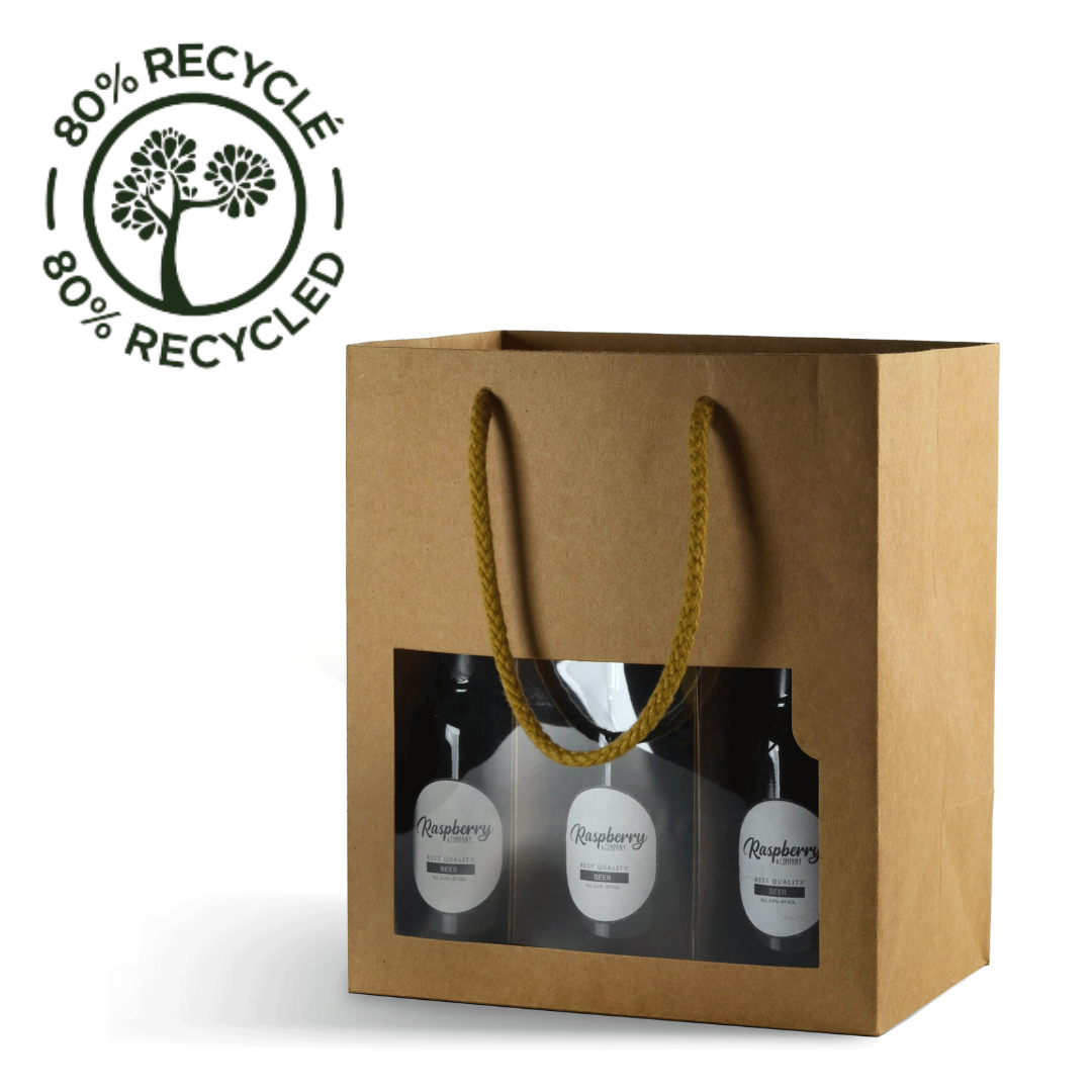 DittaDisplay Retail Solutions - Sac kraft recyclé pour 6 petites bouteilles type bières avec carton séparateur et fenêtre transparente Recycelter Kraftsack für 6 kleine Bierflaschen mit Trennkarton und Sichtfenster Recycled kraft bag for 6 small beer bottles with cardboard divider and transparent window