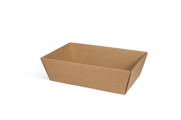 Corbeille en carton brun robuste pour la présentation de coffrets gourmands et paniers garnis