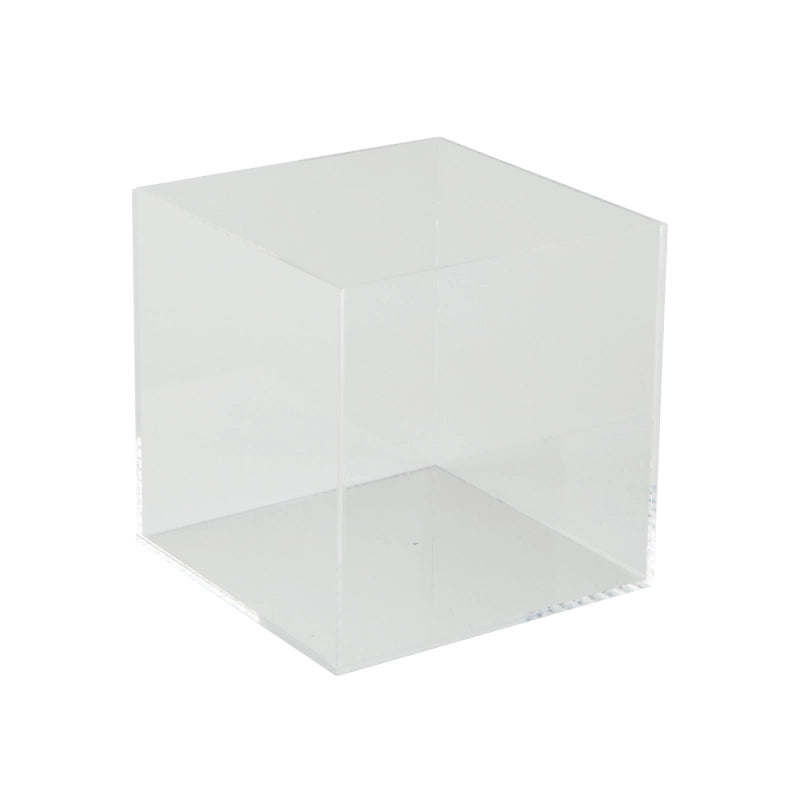 cube de présentation en acrylique transparent avec un côté ouvert, support élégant et polyvalent pour vitrines, comptoirs et expositions