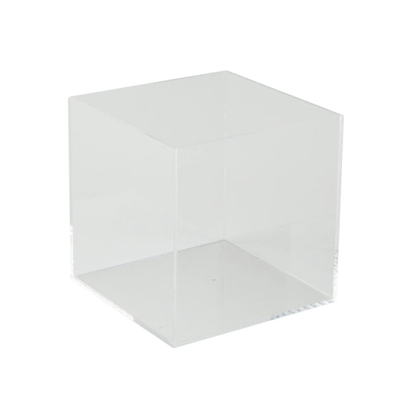 cube de présentation en acrylique transparent avec un côté ouvert, support élégant et polyvalent pour vitrines, comptoirs et expositions
