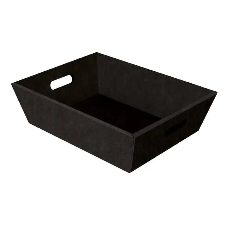 Grande corbeille de présentation noire en carton rigide, parfaite pour coffrets gourmands et paniers garnis