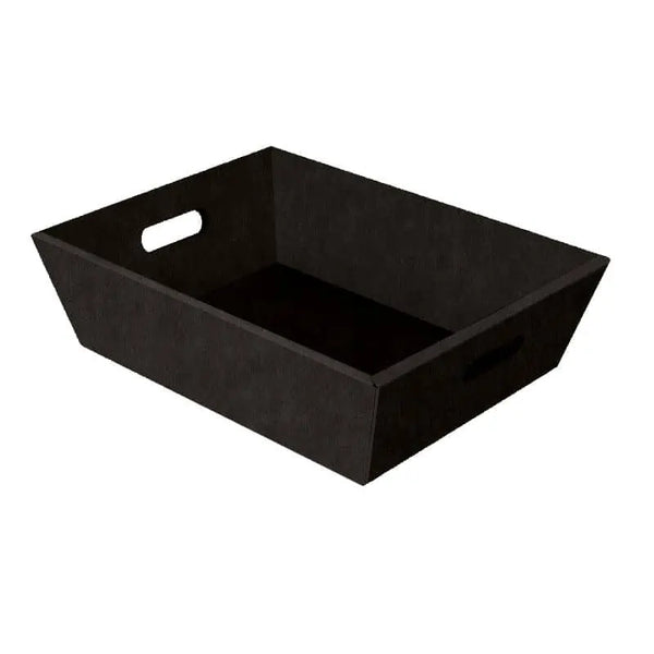 Grande corbeille de présentation noire en carton rigide, parfaite pour coffrets gourmands et paniers garnis