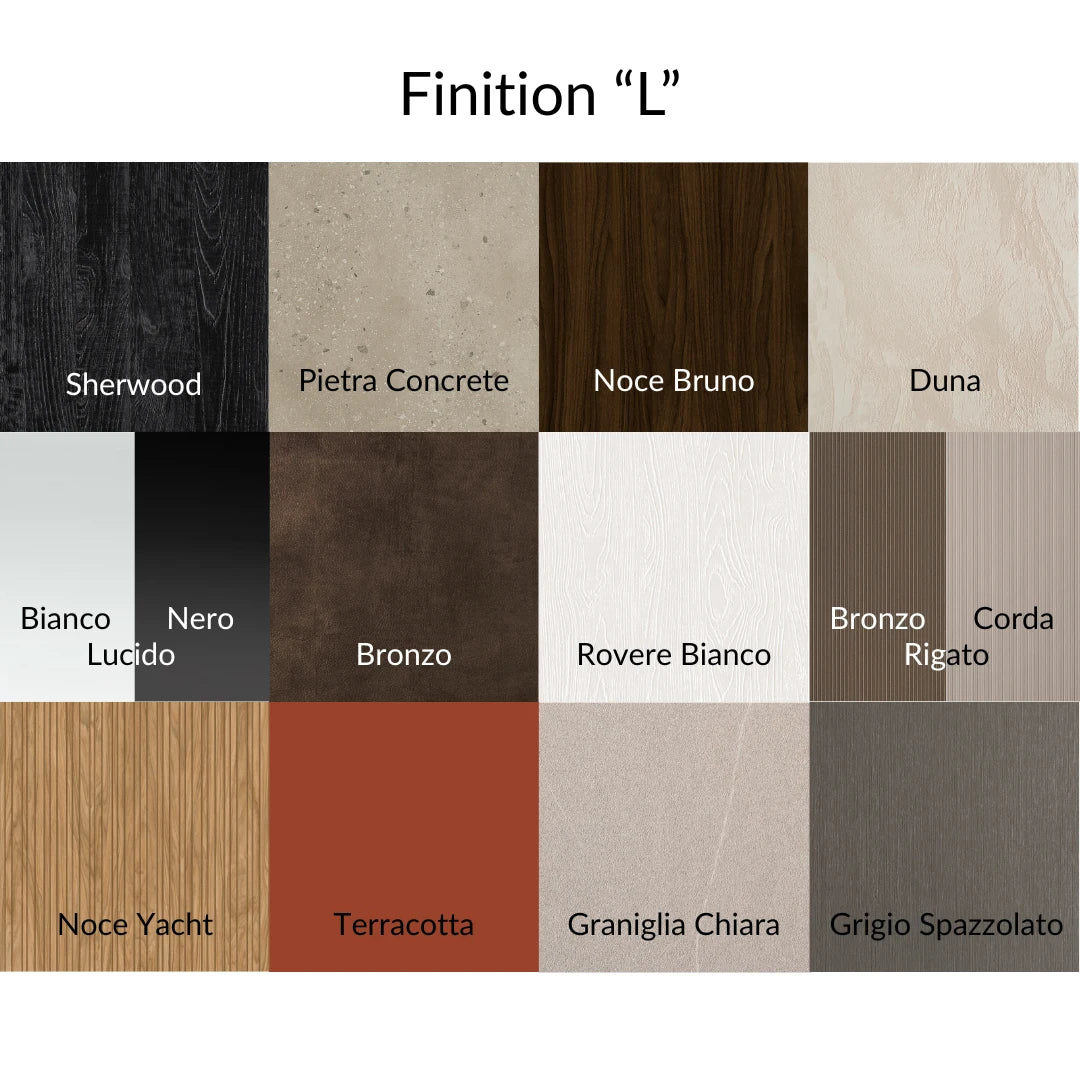 Nuancier des finitions L de DittaDisplay : bois foncé, clair, béton et couleurs décoratives