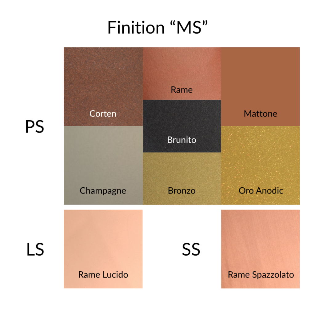 Nuancier des finitions MS de DittaDisplay : métaux spéciaux, du corten au cuivre brossé