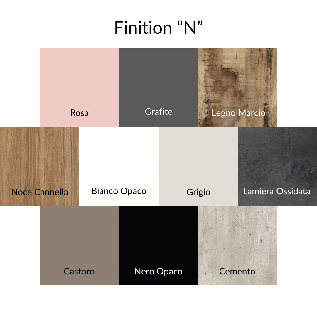 Nuancier des finitions N de DittaDisplay : bois, béton, teintes neutres et couleurs tendance