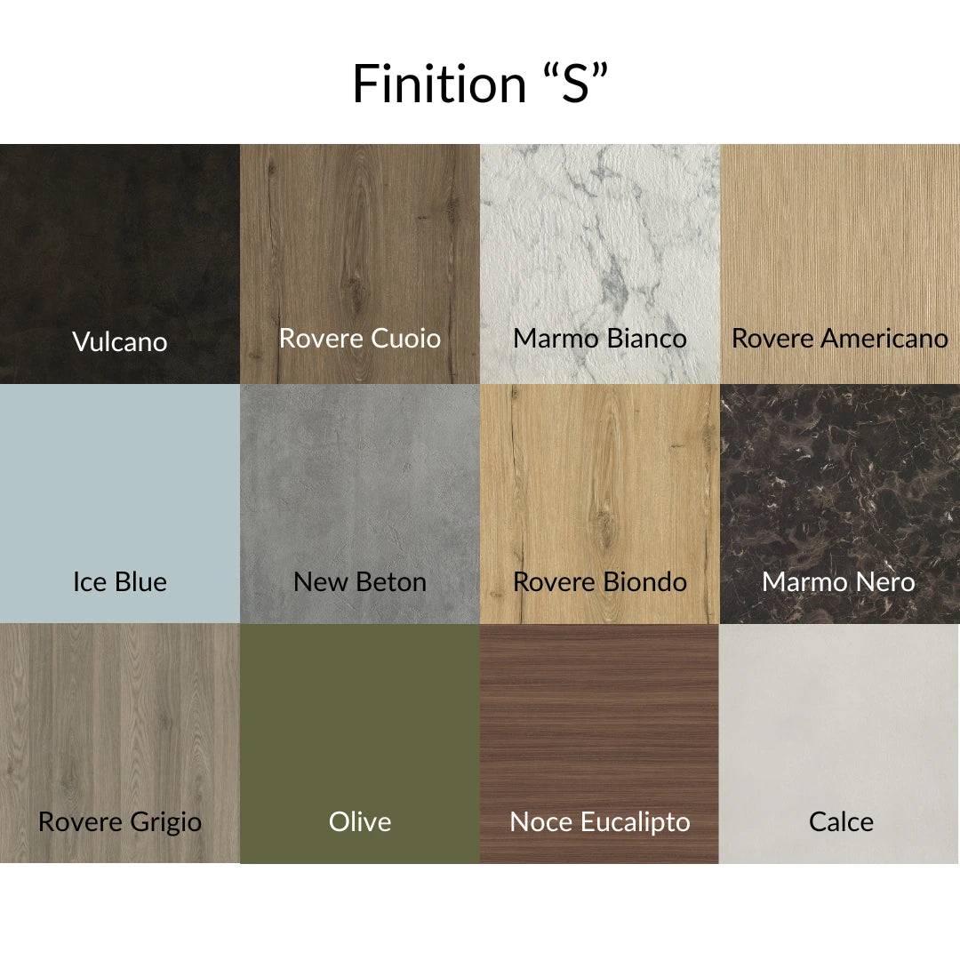 Nuancier des finitions S de DittaDisplay : bois, marbre, béton et teintes décoratives