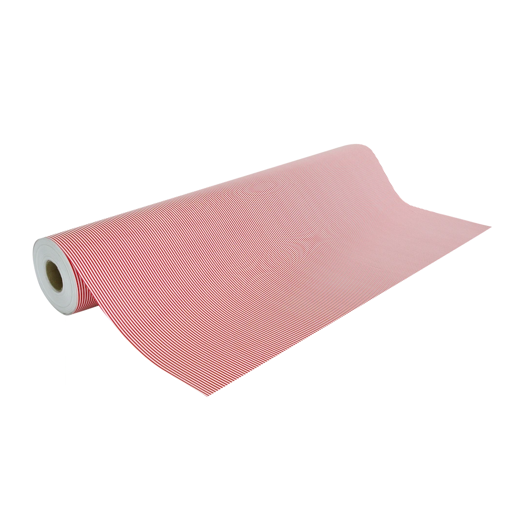 Rouleau de papier cadeau motifs fine ligne blanche et rouge, en papier couché 60/90 g recyclable, dimensions 0,7 x 100 m ou 50 m, idéal pour emballages cadeaux professionnels.