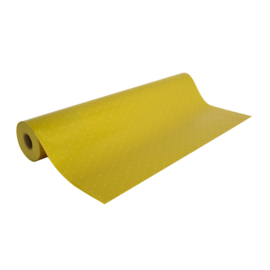 Rouleau de papier cadeau motifs mini pois sur fond or, en papier couché 60/90 g recyclable, dimensions 0,7 x 100 m ou 50 m, idéal pour emballages cadeaux professionnels.