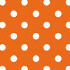Rouleau de papier cadeau motifs pois blanc sur fond orange, en papier couché 60/90 g recyclable, dimensions 0,7 x 100 m ou 50 m, idéal pour emballages cadeaux professionnels.