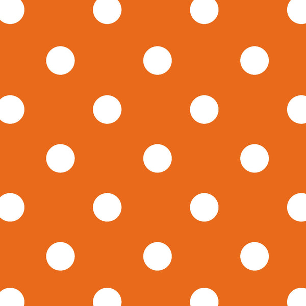 Rouleau de papier cadeau motifs pois blanc sur fond orange, en papier couché 60/90 g recyclable, dimensions 0,7 x 100 m ou 50 m, idéal pour emballages cadeaux professionnels.