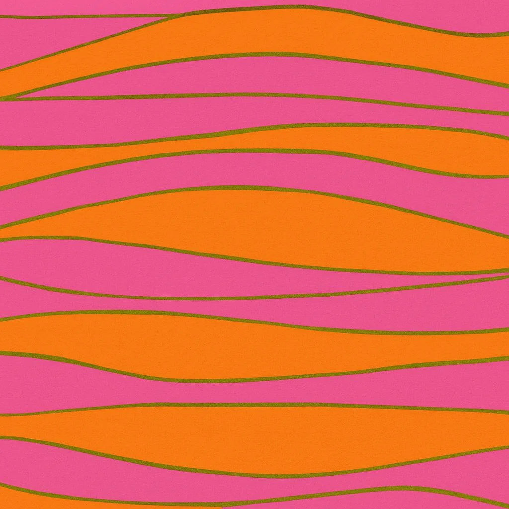 Rouleau de papier cadeau motifs vagues rose-orange-or, en papier couché 60/90 g recyclable, dimensions 0,7 x 100 m ou 50 m, idéal pour emballages cadeaux professionnels.
