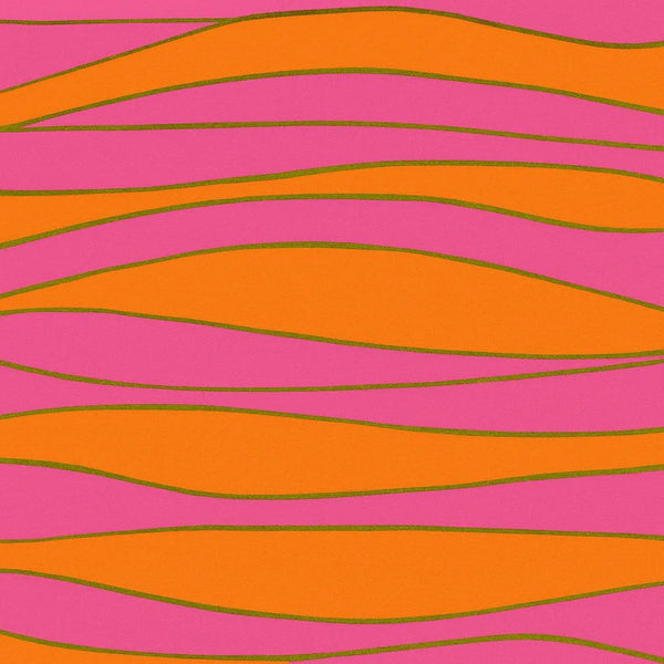 Rouleau de papier cadeau motifs vagues rose-orange-or, en papier couché 60/90 g recyclable, dimensions 0,7 x 100 m ou 50 m, idéal pour emballages cadeaux professionnels.