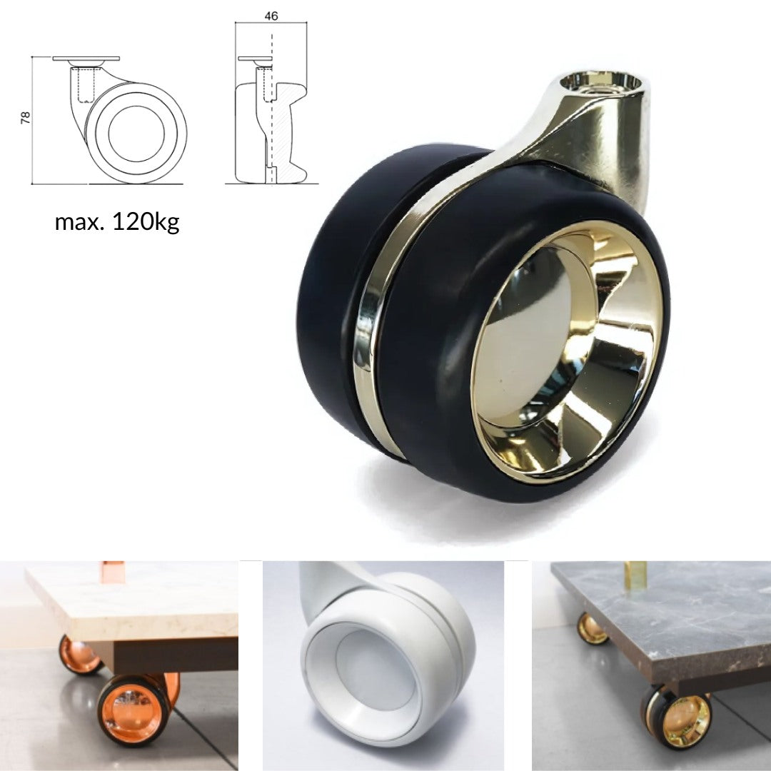 Roulette design double en noir et or, supportant jusqu’à 120 kg, idéale pour meubles et présentoirs