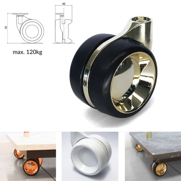 Roulette design double en noir et or, supportant jusqu’à 120 kg, idéale pour meubles et présentoirs