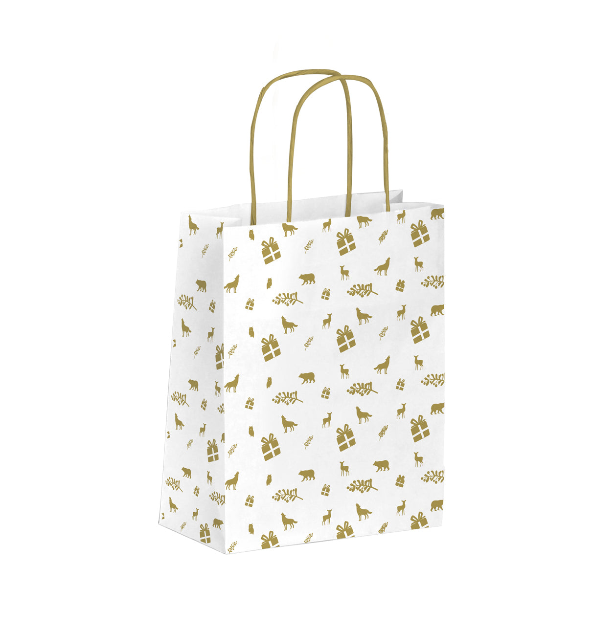 sac kraft blanc 90 g/m² avec motif Noël doré, élégant et recyclable, parfait pour emballages cadeaux, boutiques et événements festifs