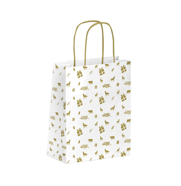 sac kraft blanc 90 g/m² avec motif Noël doré, élégant et recyclable, parfait pour emballages cadeaux, boutiques et événements festifs
