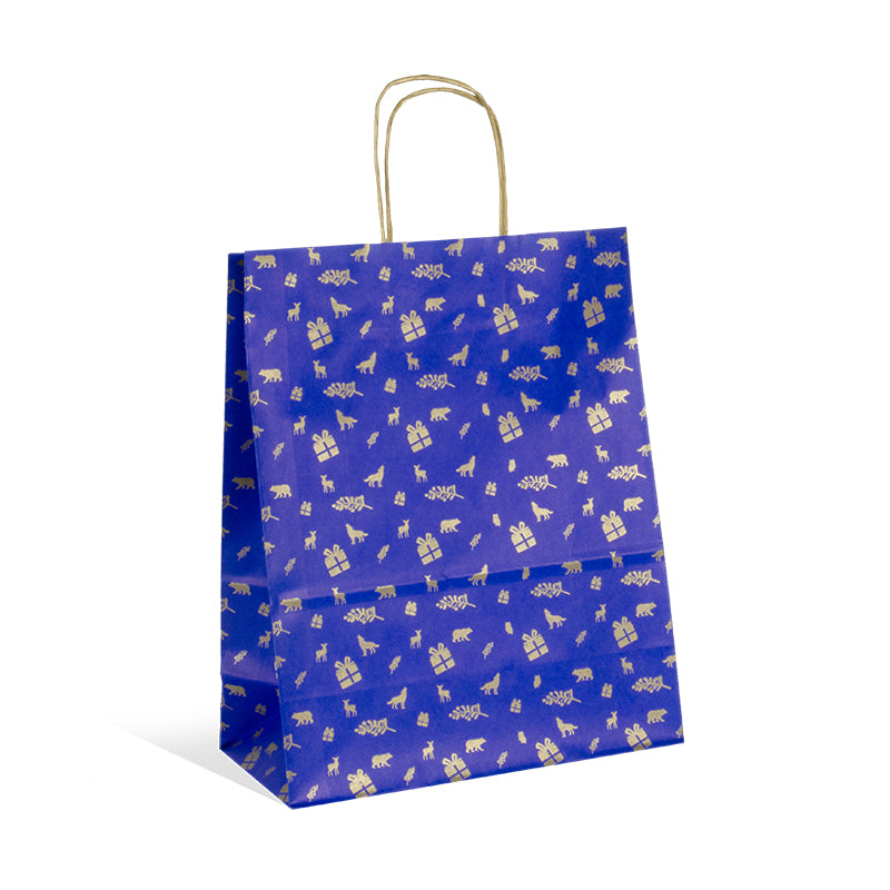 sac kraft bleu avec impression dorée de Noël, élégant et recyclable, disponible en 3 formats pour emballages cadeaux, boutiques et épiceries fines