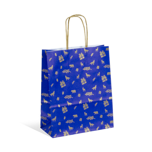 sac kraft bleu avec impression dorée de Noël, élégant et recyclable, disponible en 3 formats pour emballages cadeaux, boutiques et épiceries fines
