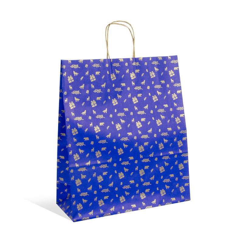sac kraft bleu avec impression dorée de Noël, élégant et recyclable, disponible en 3 formats pour emballages cadeaux, boutiques et épiceries fines