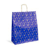 sac kraft bleu avec impression dorée de Noël, élégant et recyclable, disponible en 3 formats pour emballages cadeaux, boutiques et épiceries fines
