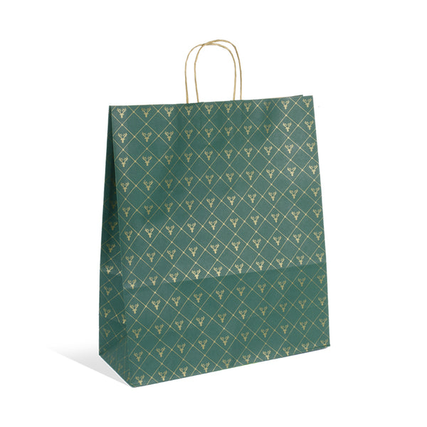sac kraft vert 90g/m² avec impression dorée de Noël, robuste et recyclable, disponible en 3 formats pour emballages cadeaux et boutiques festives