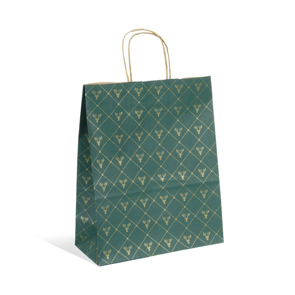 sac kraft vert 90g/m² avec impression dorée de Noël, robuste et recyclable, disponible en 3 formats pour emballages cadeaux et boutiques festives