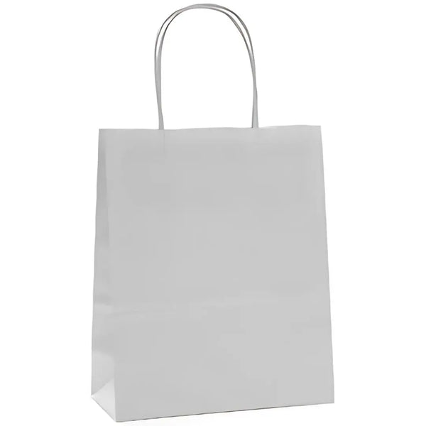 Sac papier kraft argent poignées torsadées 26×34 cm – 100 % recyclable et apte au contact alimentaire – fabrication européenne