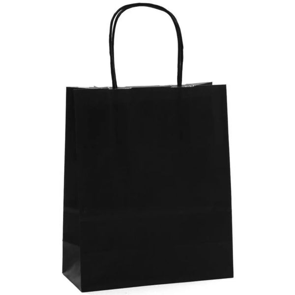 Sac papier kraft noir poignées torsadées 26×34 cm – 100 % recyclable et apte au contact alimentaire – fabrication européenne