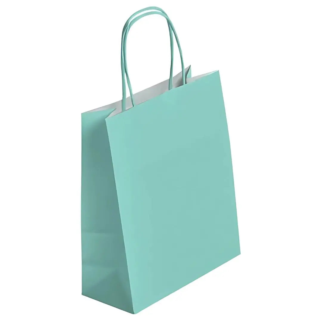 Sac papier kraft vert d’eau poignées torsadées 26×34 cm – 100 % recyclable et apte au contact alimentaire – fabrication européenne