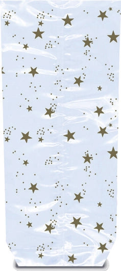 Sachet confiseur transparent à motifs étoiles or avec fond carton argenté – emballage alimentaire élégant et stable pour chocolats et confiseries