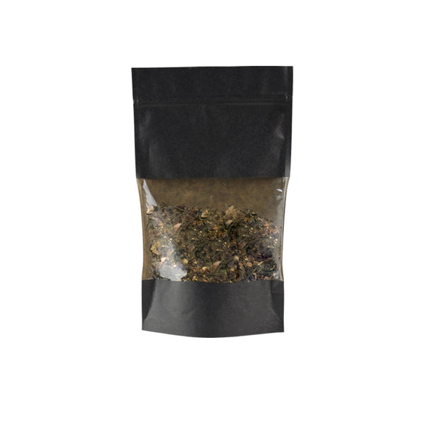 sachet zip noir hermétique avec fenêtre transparente, apte au contact alimentaire, idéal pour cafés, thés, épices, confiseries et produits secs ou gras