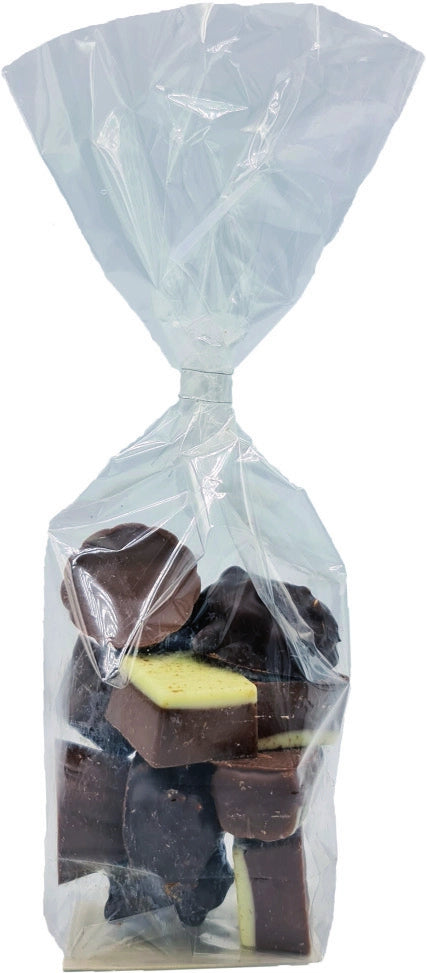 Sachets confiseur transparents avec fond carton argenté – emballages alimentaires stables et élégants pour chocolats, biscuits et confiseries