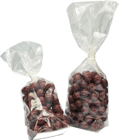 Sachets confiseur transparents avec fond carton argenté – emballages alimentaires stables et élégants pour chocolats, biscuits et confiseries