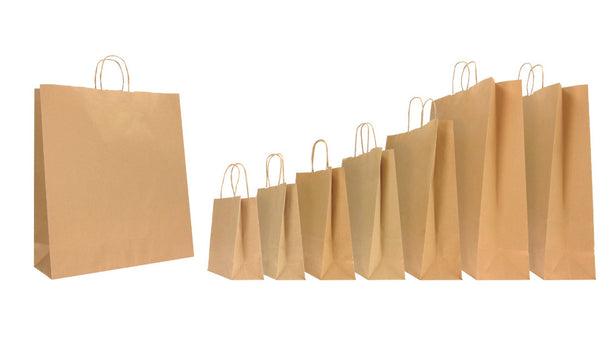Sacs en kraft brun recyclable avec poignées torsadées, solides et pratiques, disponibles en 7 formats pour commerces, traiteurs et épiceries fines