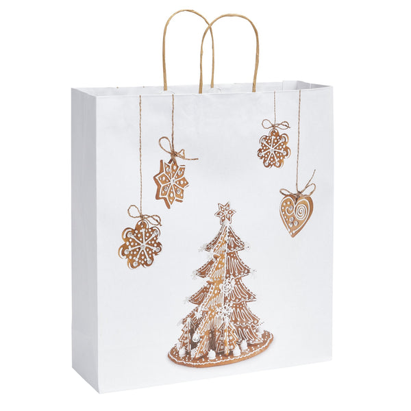 DittaDisplay Sac Noël motifs cookies impression sur kraft blanc, finition intérieure en kraft brun 135gr poignées torsadées, 3 formats Christmas bag with cookies print on white kraft, brown kraft interior finish 135gr twisted handles, 3 sizes Tasche Weihnachten Cookie-Motive Druck auf weißem Kraftpapier, Innenverarbeitung aus braunem Kraftpapier 135gr gedrehte Griffe, 3 Formate
