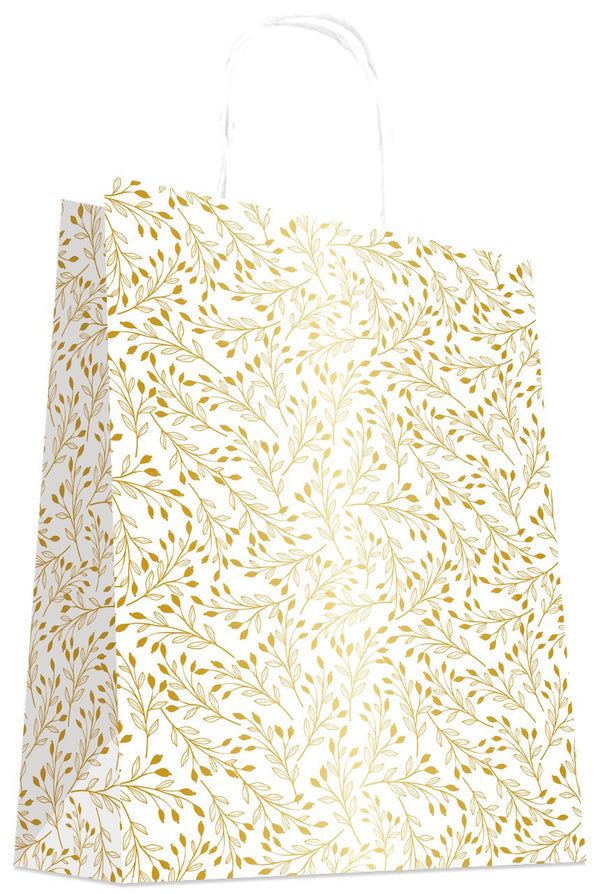 DittaDisplay Sacs kraft blanc motif végétal doré poignées torsadées weiße Krafttaschen mit goldenem Pflanzenmotiv, gedrehte Griffe white kraft bags with gold vegetable pattern and twisted handles