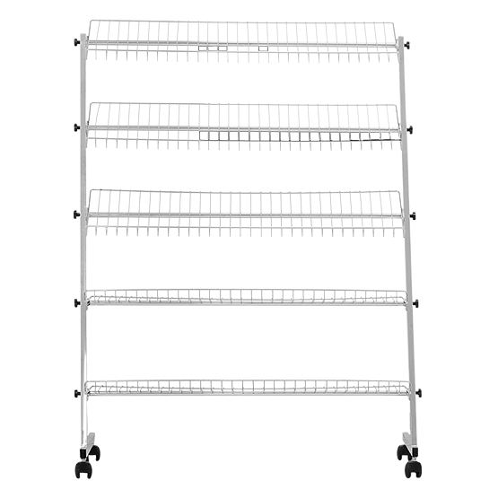 DittaDisplay Retail Solutions - Portant à rayonnages en matériau métal chromé avec 5 rayons inclinables Regalständer aus verchromtem Metallmaterial mit 5 neigbaren Regalböden Chrome-plated metal shelving rack with 5 tilting shelves