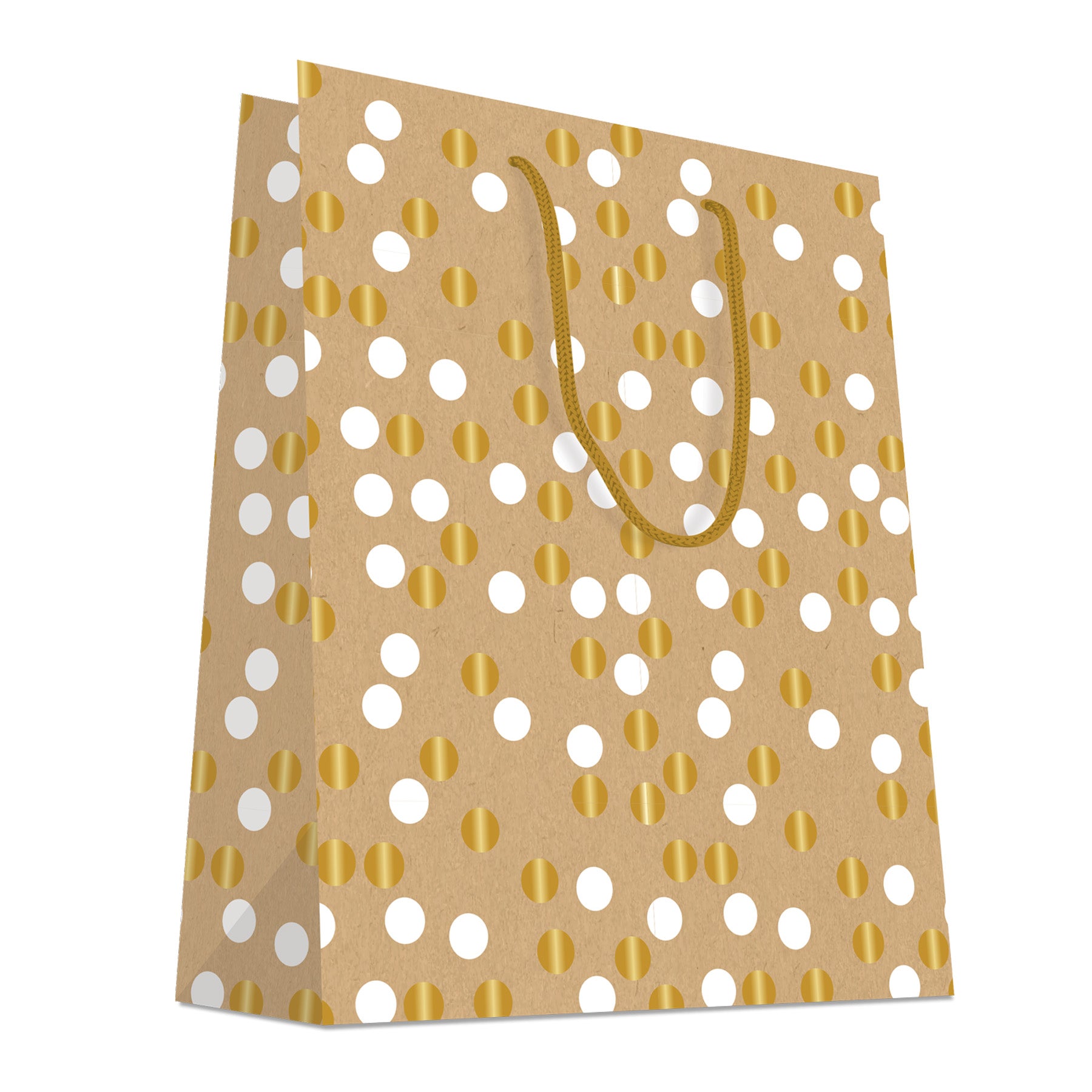 DittaDisplay Retail Solutions Sac kraft cartonné 180gr avec motif à pois blanc et or métallisé brillant Kraftkarton-Tasche 180gr mit weißem Punktemuster und glänzendem Metallic-Gold 180gr cardboard kraft bag with white and gold polka dot pattern