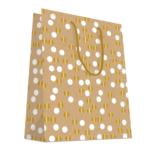 DittaDisplay Retail Solutions Sac kraft cartonné 180gr avec motif à pois blanc et or métallisé brillant Kraftkarton-Tasche 180gr mit weißem Punktemuster und glänzendem Metallic-Gold 180gr cardboard kraft bag with white and gold polka dot pattern