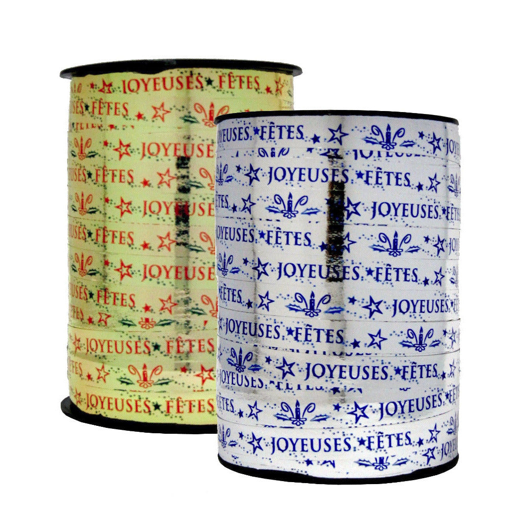 Bobine de bolduc imprimé Joyeuses fêtes 10 mm x 225 m – ruban décoratif pour emballages cadeaux et décorations de Noël