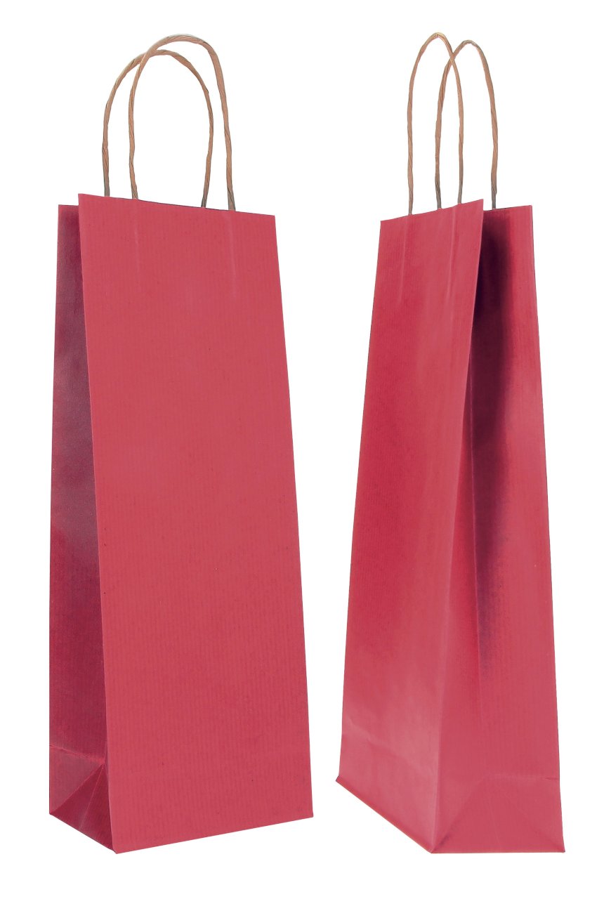 DittaDisplay Retail Solutions Sac bouteille BIOKRAFT en kraft brun lisse ou teinte couleur avec poignées torsadées BIOKRAFT bottle bag in smooth brown or colored kraft with twisted handles BIOKRAFT Flaschentasche aus glattem braunem oder farbigem Kraftpapier mit gedrehten Griffen
