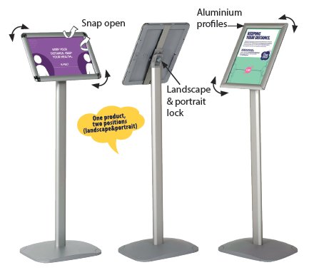 DittaDisplay - Présentoir incliné avec pied droit et cadre de présentation Schräges Display mit geradem Fuß und Displayrahmen Inclined display stand with straight leg and display frame