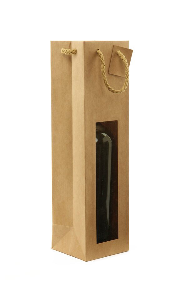 Sac kraft brun Chic Nature avec fenêtre, 175 g/m², pour 1 bouteille, avec poignées papier et carte message incluse. Élégant et recyclable.