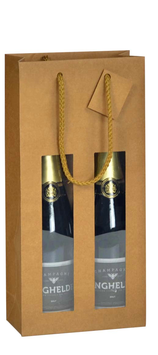 Sac kraft brun Chic Nature avec fenêtre, 175 g/m², pour 2 bouteilles, avec poignées papier et carte message incluse. Élégant et recyclable.