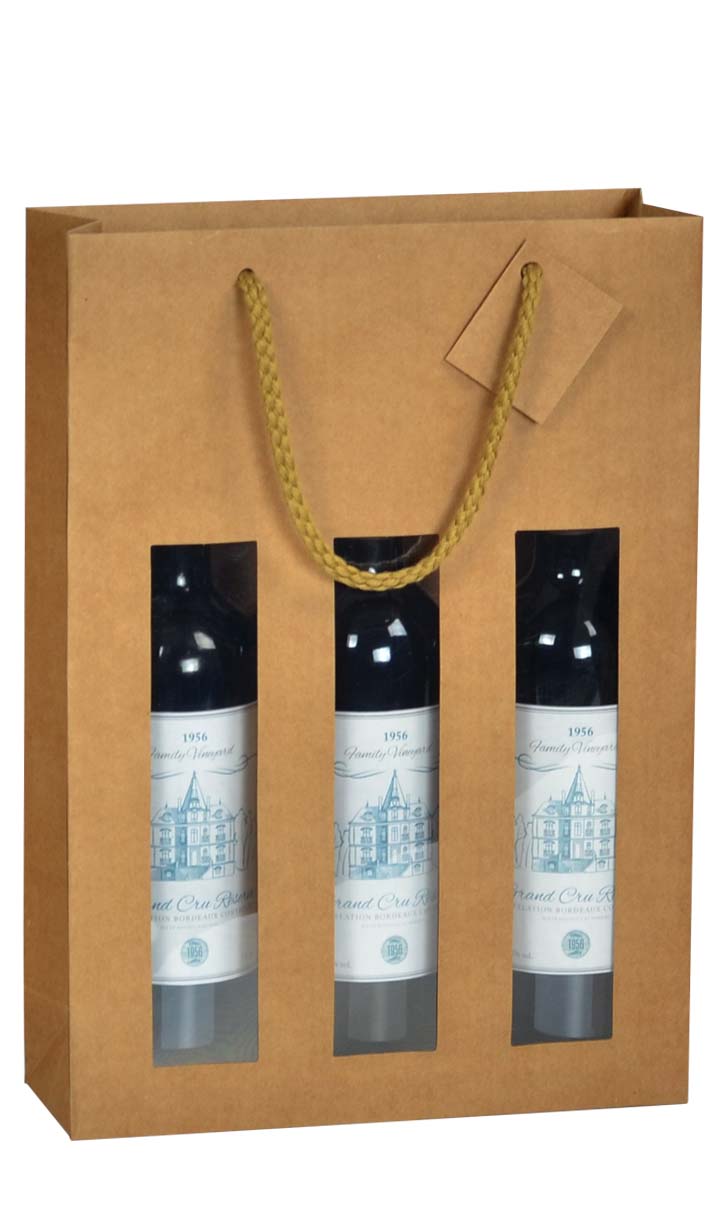 Sac kraft brun Chic Nature avec fenêtre, 175 g/m², pour 3 bouteilles, avec poignées papier et carte message incluse. Élégant et recyclable.