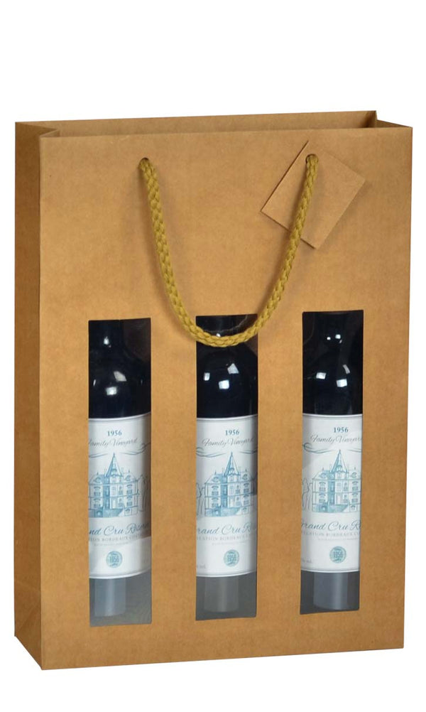 Sac kraft brun Chic Nature avec fenêtre, 175 g/m², pour 3 bouteilles, avec poignées papier et carte message incluse. Élégant et recyclable.
