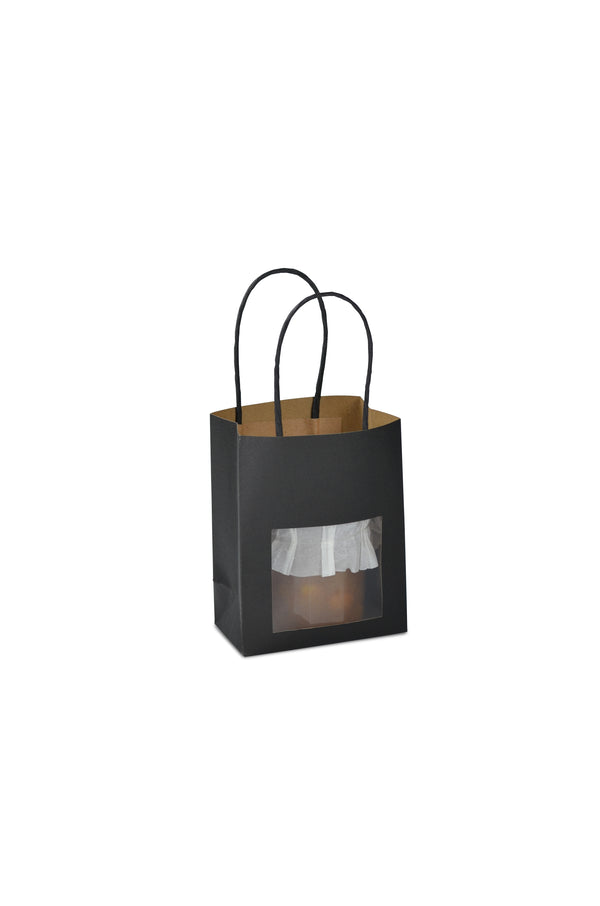 Sac en papier kraft noir avec fenêtre transparente et poignées torsadées, idéal pour mettre en valeur pots ou produits gourmands