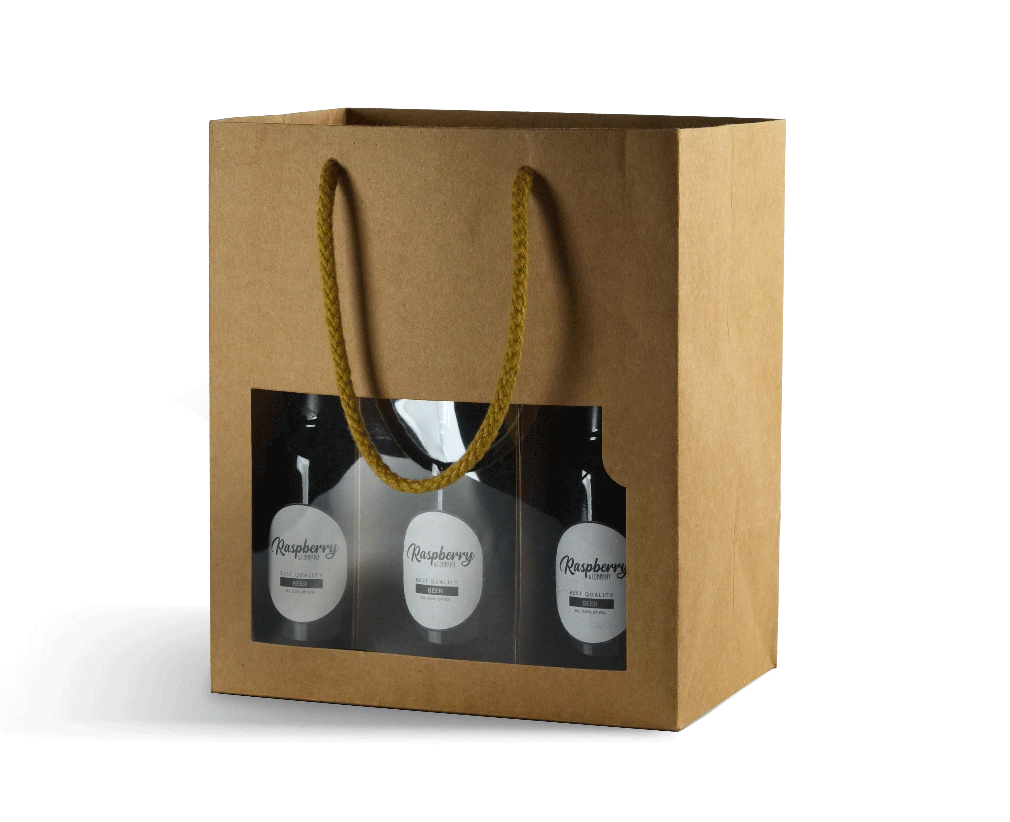 DittaDisplay Retail Solutions - Sac kraft recyclé pour 6 petites bouteilles type bières avec carton séparateur et fenêtre transparente Recycelter Kraftsack für 6 kleine Bierflaschen mit Trennkarton und Sichtfenster Recycled kraft bag for 6 small beer bottles with cardboard divider and transparent window