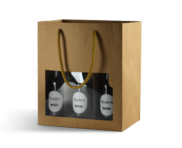 DittaDisplay Retail Solutions - Sac kraft recyclé pour 6 petites bouteilles type bières avec carton séparateur et fenêtre transparente Recycelter Kraftsack für 6 kleine Bierflaschen mit Trennkarton und Sichtfenster Recycled kraft bag for 6 small beer bottles with cardboard divider and transparent window